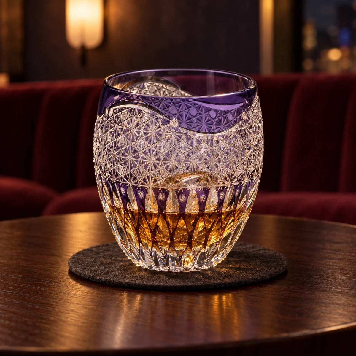 Lotus Edo Kiriko Whisky Glass, Purple, with whisky and one ice cube — AI-generated nighttime styling