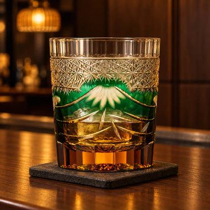 Mt. Fuji Edo Kiriko Whisky Glass, Green, with whisky and one ice cube — AI-generated nighttime styling