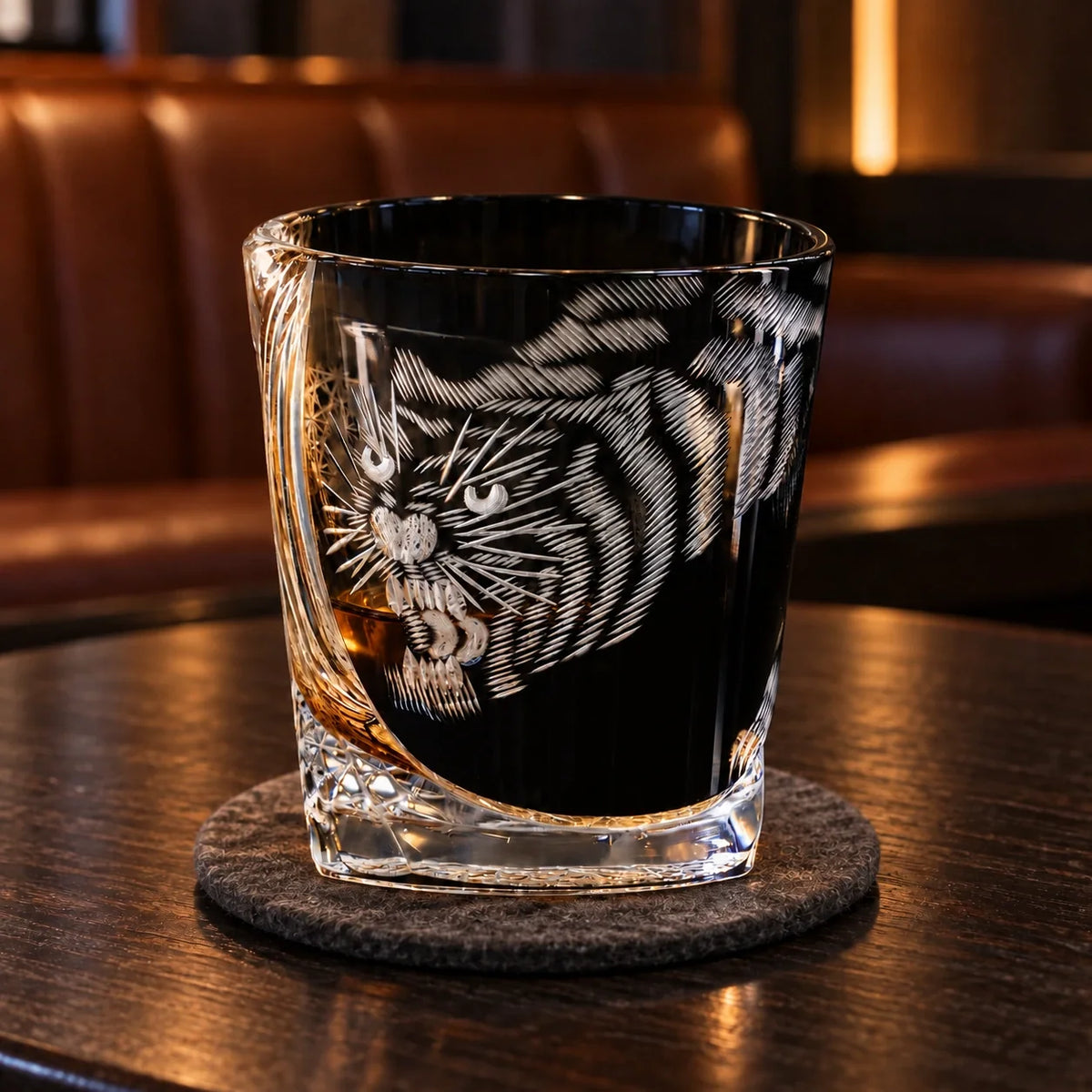 Tiger Edo Kiriko Whisky Glass, Black, with whisky and one ice cube — AI-generated nighttime styling