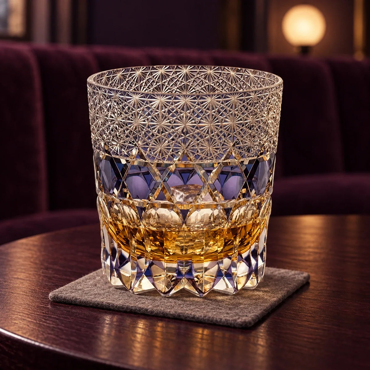 Violet Edo Kiriko Whisky Glass, Violet, with whisky and one ice cube — AI-generated nighttime styling