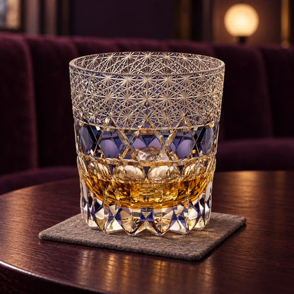Violet Edo Kiriko Whisky Glass, Violet, with whisky and one ice cube — AI-generated nighttime styling