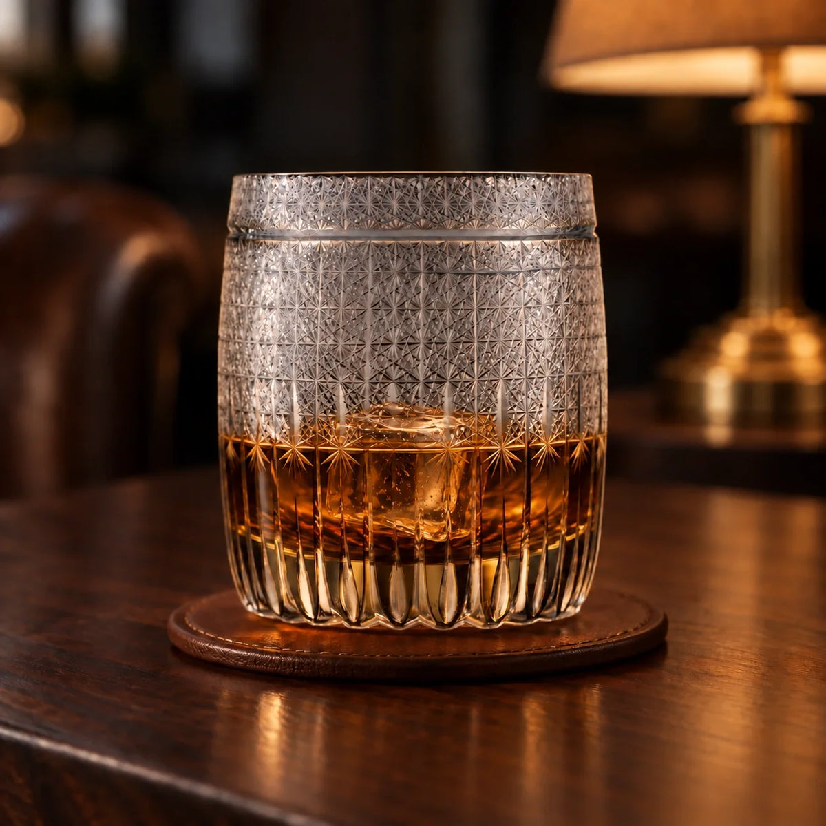 Wheat Edo Kiriko Whisky Glass, Gray, with whisky and one ice cube — AI-generated nighttime styling