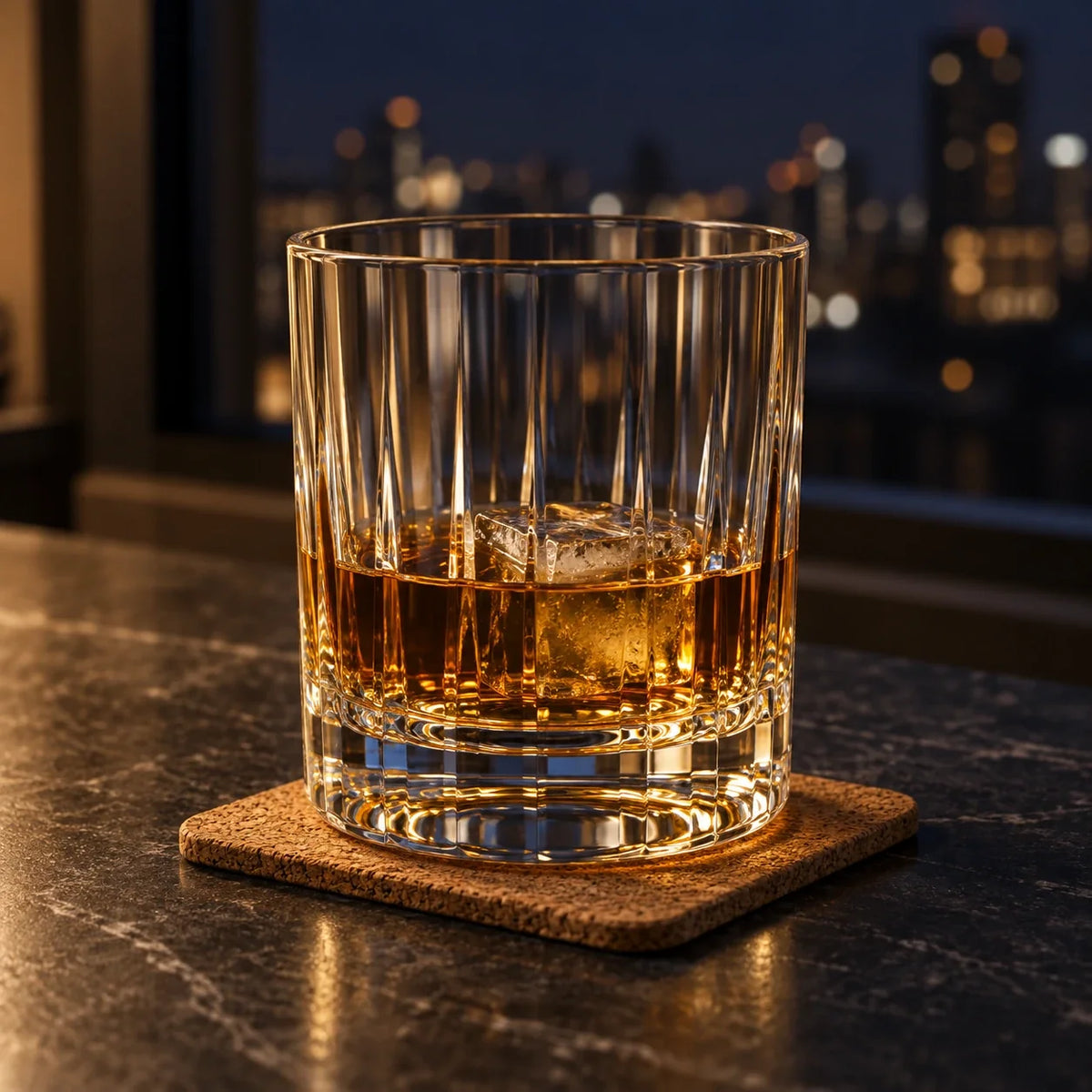 Zodiac Whisky Glass, Aquarius, with whisky and one ice cube — AI-generated nighttime styling