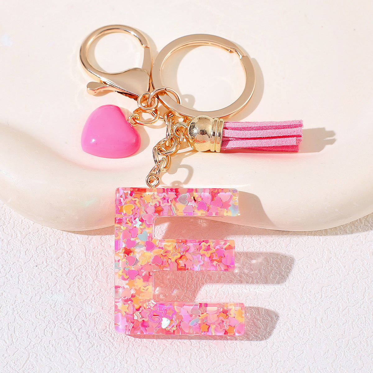 New Original Pink Love Heart Tassel Letter Keychain Girl Resin Alphabet Charm