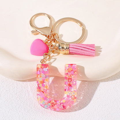 New Original Pink Love Heart Tassel Letter Keychain Girl Resin Alphabet Charm