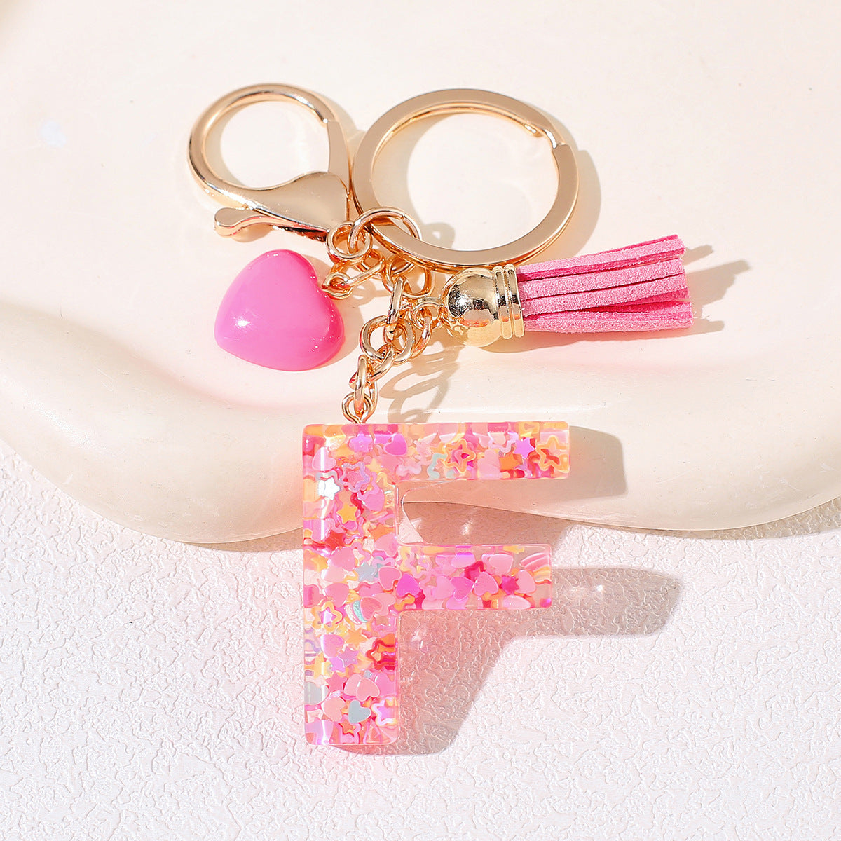 New Original Pink Love Heart Tassel Letter Keychain Girl Resin Alphabet Charm