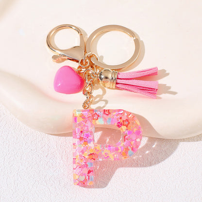 New Original Pink Love Heart Tassel Letter Keychain Girl Resin Alphabet Charm