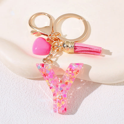 New Original Pink Love Heart Tassel Letter Keychain Girl Resin Alphabet Charm