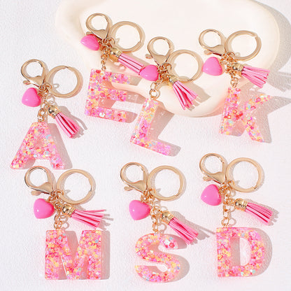 New Original Pink Love Heart Tassel Letter Keychain Girl Resin Alphabet Charm