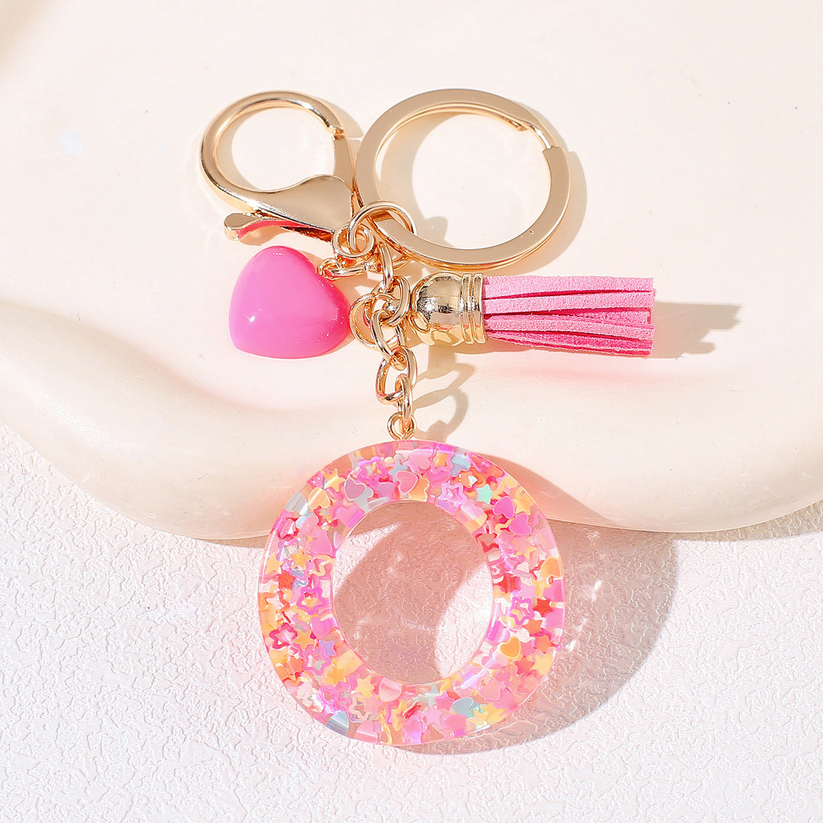 New Original Pink Love Heart Tassel Letter Keychain Girl Resin Alphabet Charm