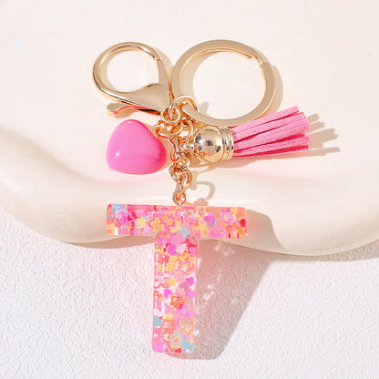 New Original Pink Love Heart Tassel Letter Keychain Girl Resin Alphabet Charm